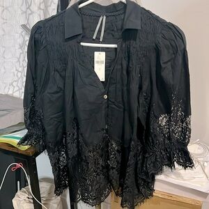 By Anthropologie Victorian Sheer-Lace Blouse. NWT. Black Size S.